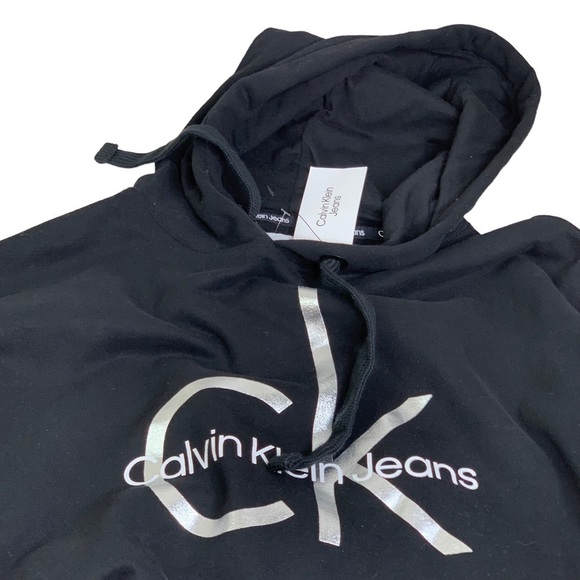 Calvin Klein Jeans Silver CK Spell Out Logo Black Hooded Factory Crop Sweatshirt - Picture 8 of 8